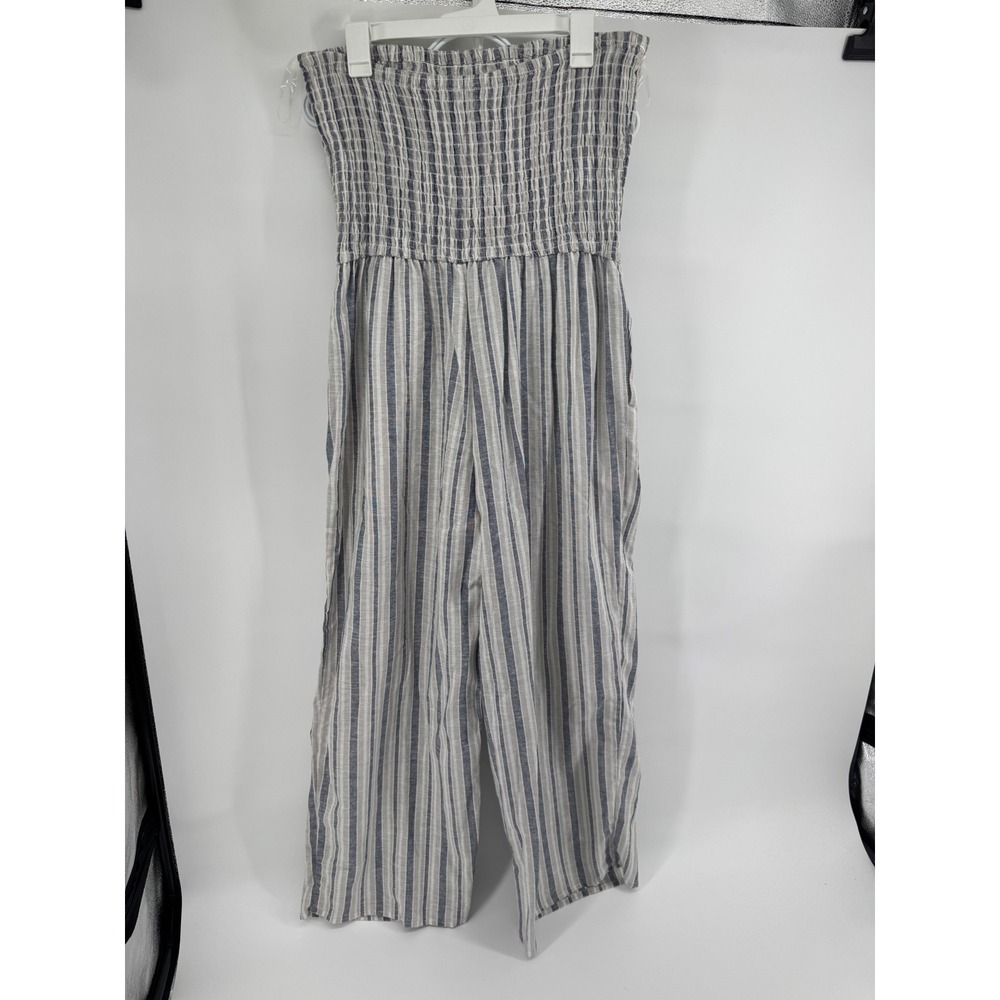 Boho Coastal Casual 2X Blue White Striped Smocked Strapless Wide Leg Jumpsuit